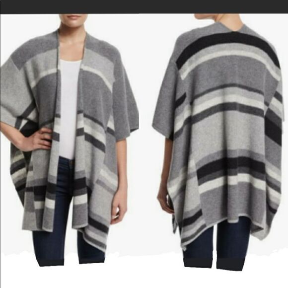 Splendid striped wool cashmere open boho cape pinch cardigan sweater gray black - Picture 1 of 9